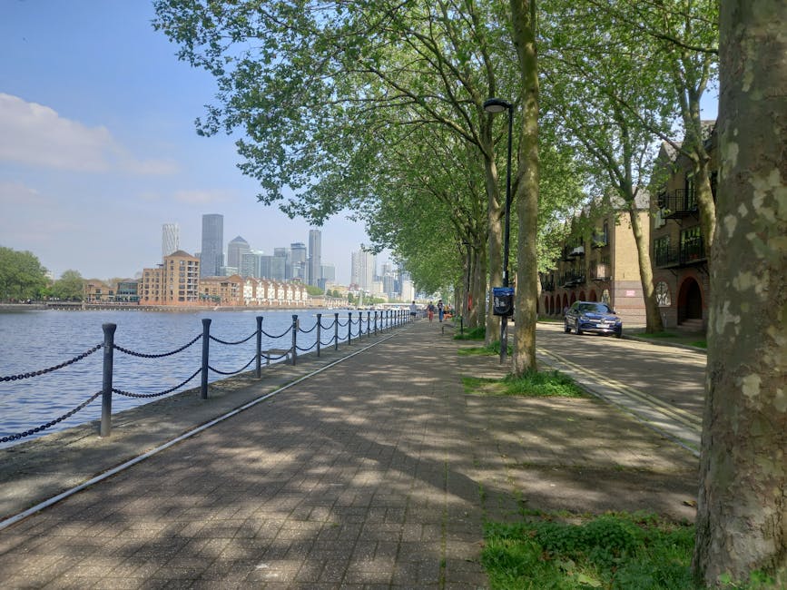 A scenic riverside walkway lined with tall, leafy green trees casting dappled shadows on the paved path, which runs parallel to the water's edge secured by a black metal chain railing. On the right side, there are modern residential buildings with small balconies, and a few cars are parked along the street beneath the trees. In the background, across the river, a cluster of high-rise office buildings and skyscrapers creates an urban skyline. The sky above is partly cloudy, providing soft, natural light that illuminates the lush foliage and the calm surface of the river. This peaceful outdoor scene highlights well-maintained greenery suitable for urban garden and landscaping work, with a focus on the aspects of outdoor maintenance and scenic city views.